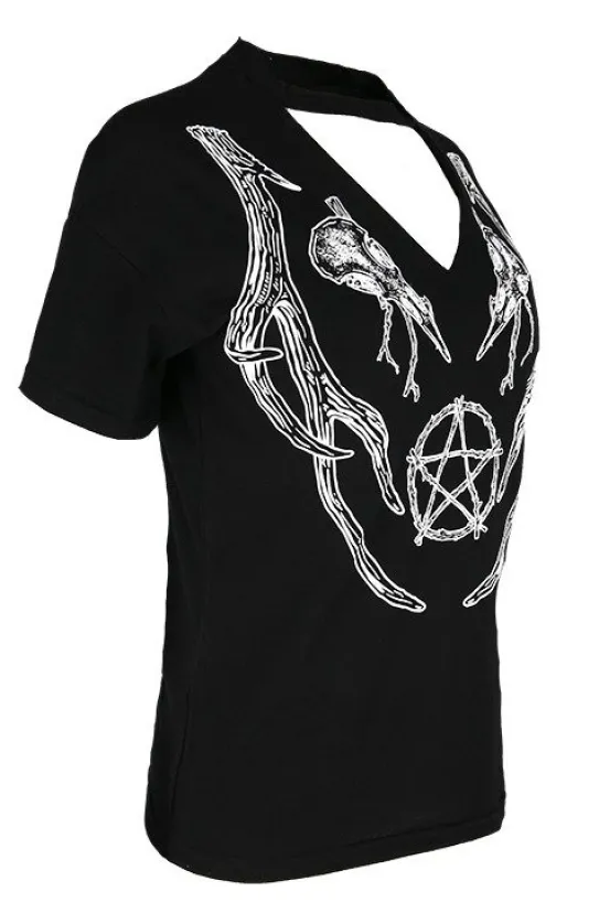 Czarny damski pogański T-shirt z chokerem ANTLERS V-neck-Restyle Online
