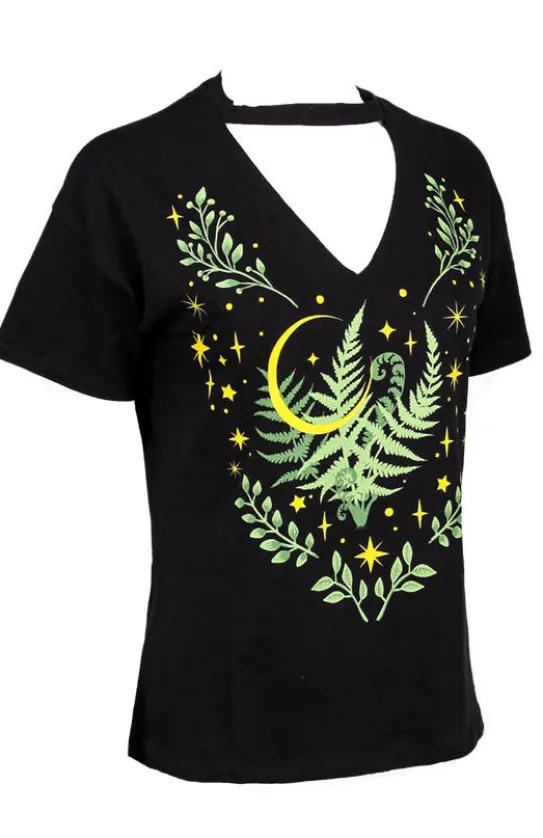 Czarny damski pogański T-shirt z chokerem Herbal V-neck Paproć-Restyle Best