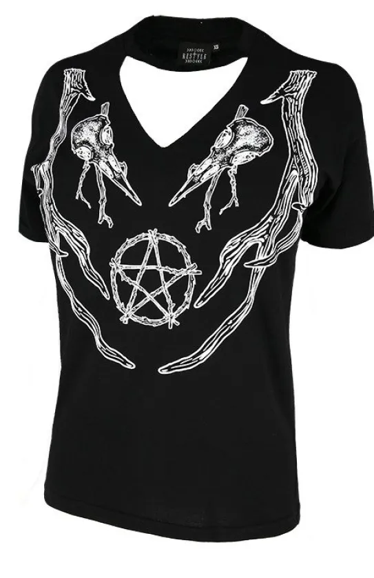 Czarny damski pogański T-shirt z chokerem ANTLERS V-neck-Restyle Online