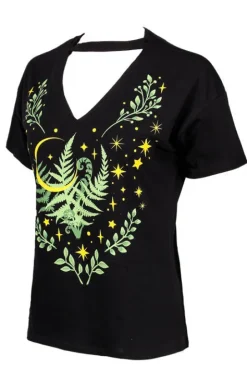Czarny damski pogański T-shirt z chokerem Herbal V-neck Paproć-Restyle Best
