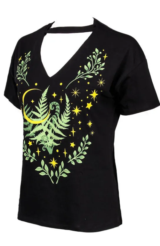 Czarny damski pogański T-shirt z chokerem Herbal V-neck Paproć-Restyle Best