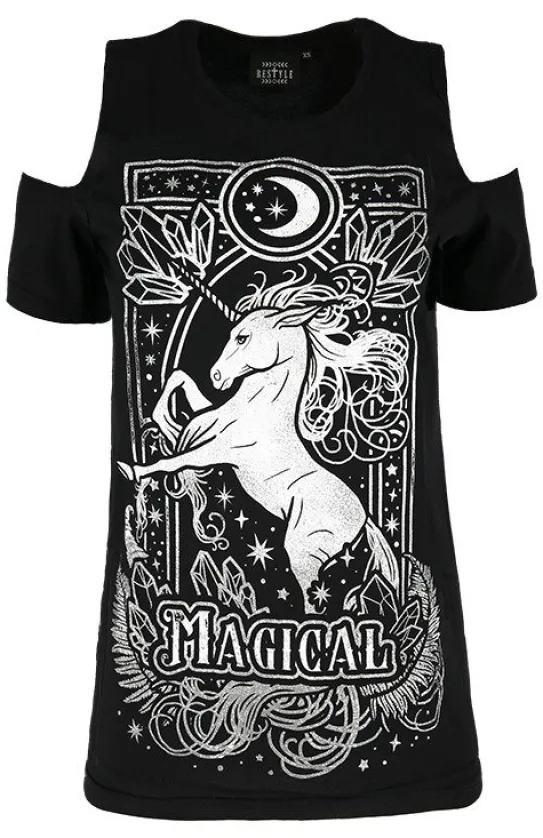 Czarny damski T-shirt cold shoulder MAGICAL UNICORN GRAY-Restyle Discount