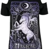 Czarny damski T-shirt cold shoulder MAGICAL UNICORN PURPLE-Restyle Best