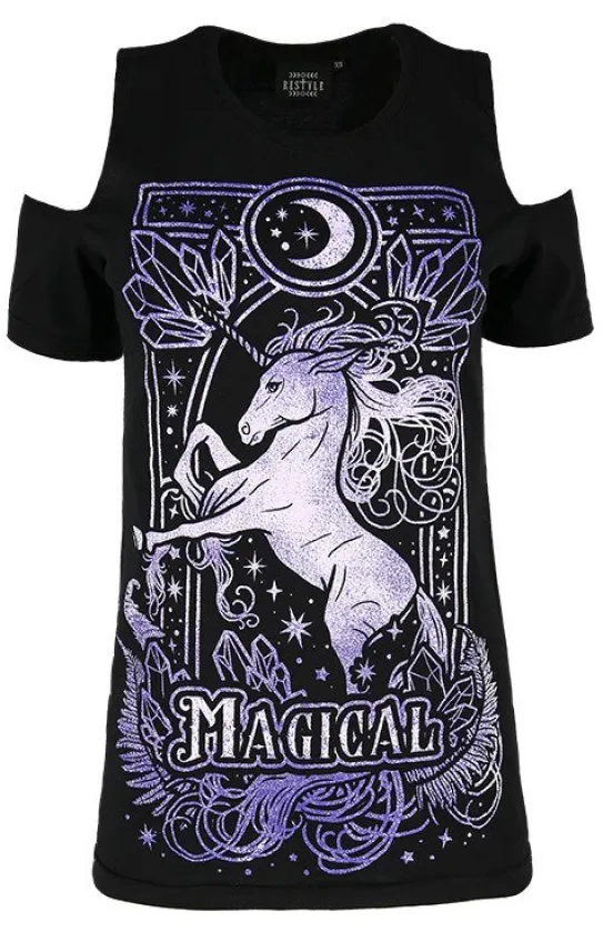 Czarny damski T-shirt cold shoulder MAGICAL UNICORN PURPLE-Restyle Best
