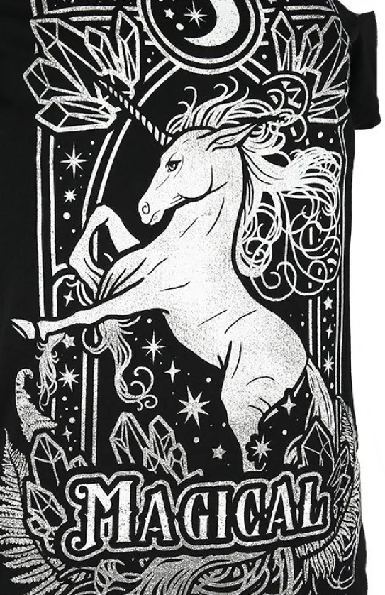 Czarny damski T-shirt cold shoulder MAGICAL UNICORN GRAY-Restyle Discount