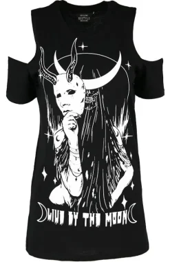 Czarny damski T-shirt cold shoulder LIVE BY THE MOON-Restyle Discount