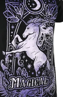 Czarny damski T-shirt cold shoulder MAGICAL UNICORN PURPLE-Restyle Best