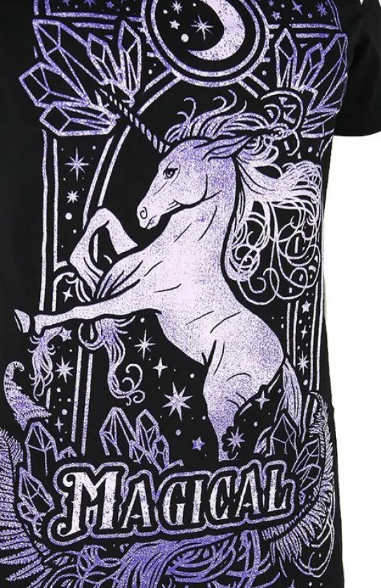 Czarny damski T-shirt cold shoulder MAGICAL UNICORN PURPLE-Restyle Best