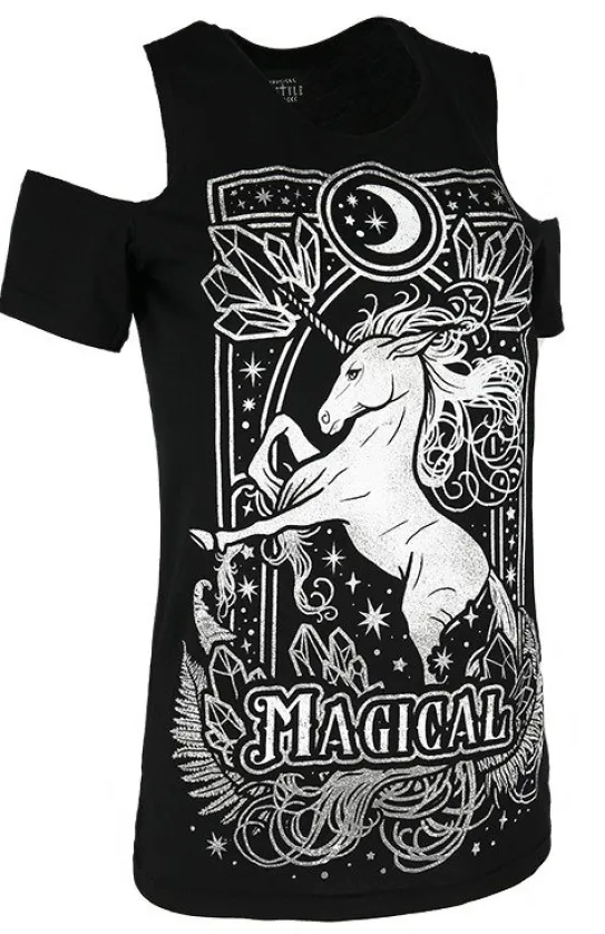 Czarny damski T-shirt cold shoulder MAGICAL UNICORN GRAY-Restyle Discount