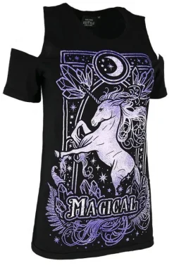 Czarny damski T-shirt cold shoulder MAGICAL UNICORN PURPLE-Restyle Best