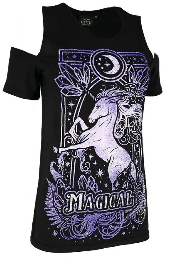Czarny damski T-shirt cold shoulder MAGICAL UNICORN PURPLE-Restyle Best