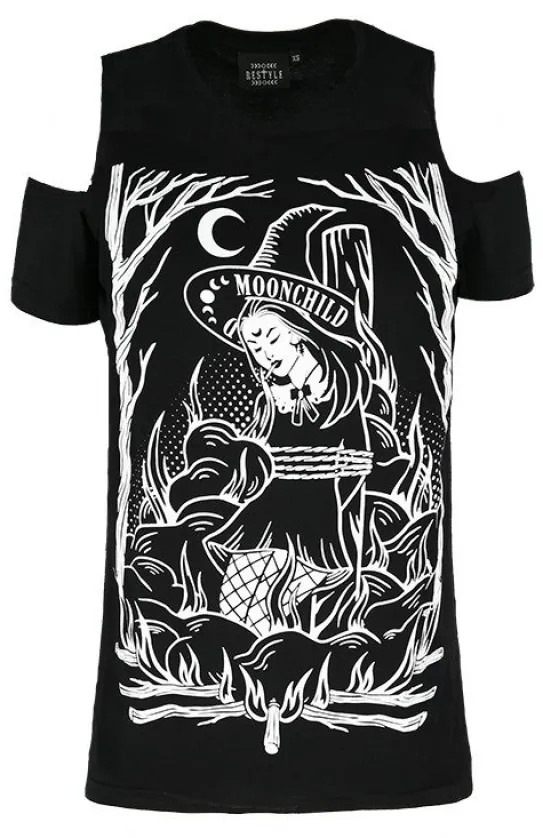 Czarny damski T-shirt gotycki BURN THE WITCH COLD SHOULDER-Restyle Sale