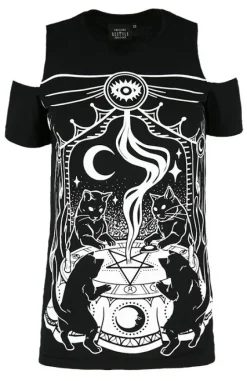 Czarny damski T-shirt gotycki CAT SABBATH COLD SHOULDER-Restyle Clearance