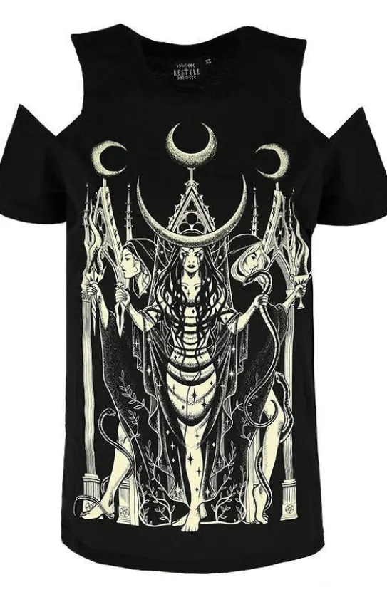 Czarny damski T-shirt gotycki Boginie HECATE COLD SHOULDER-Restyle Sale
