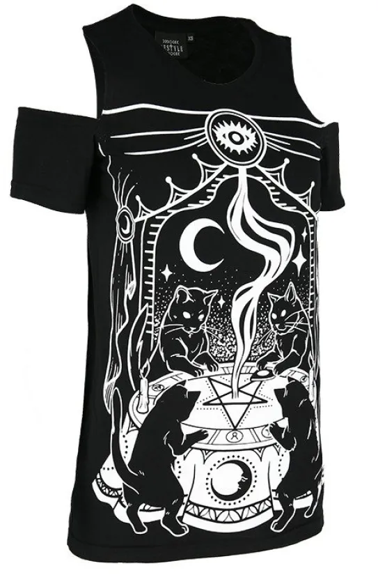 Czarny damski T-shirt gotycki CAT SABBATH COLD SHOULDER-Restyle Clearance