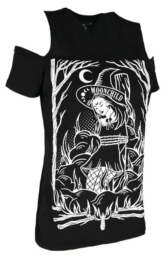 Czarny damski T-shirt gotycki BURN THE WITCH COLD SHOULDER-Restyle Sale