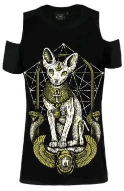 Czarny damski T-shirt kot SPHINX CAT COLD SHOULDER-Restyle Fashion