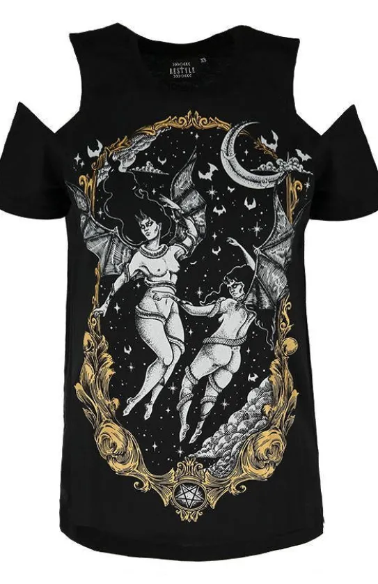 Czarny damski T-shirt Succuby LAS FURIAS COLD SHOULDER-Restyle Clearance