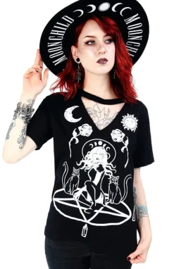 Czarny damski T-shirt z chokerem Witch & Cats-Restyle Sale