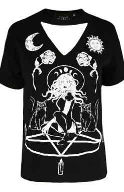 Czarny damski T-shirt z chokerem Witch & Cats-Restyle Sale