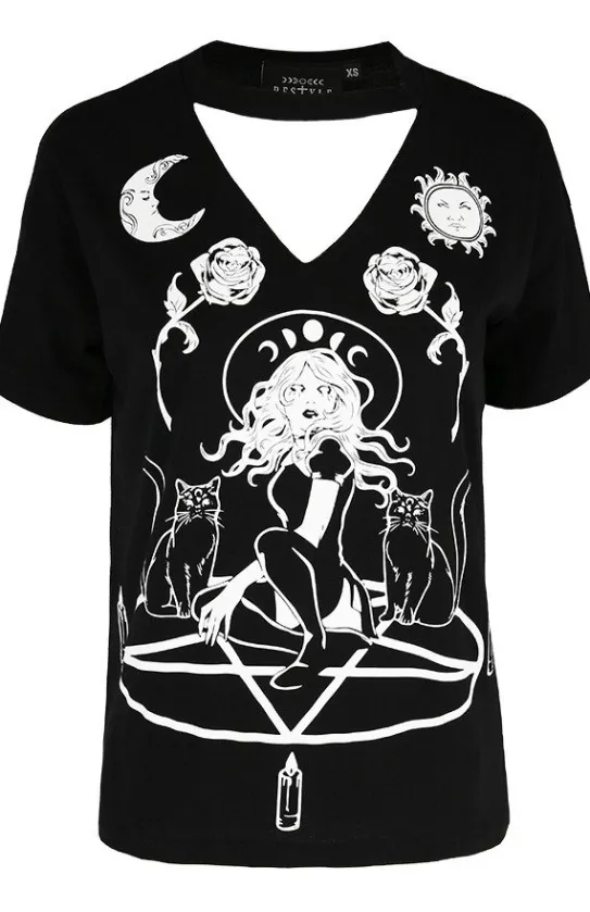 Czarny damski T-shirt z chokerem Witch & Cats-Restyle Sale