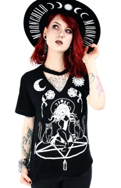 Czarny damski T-shirt z chokerem Witch & Cats-Restyle Sale