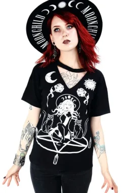 Czarny damski T-shirt z chokerem Witch & Cats-Restyle Sale