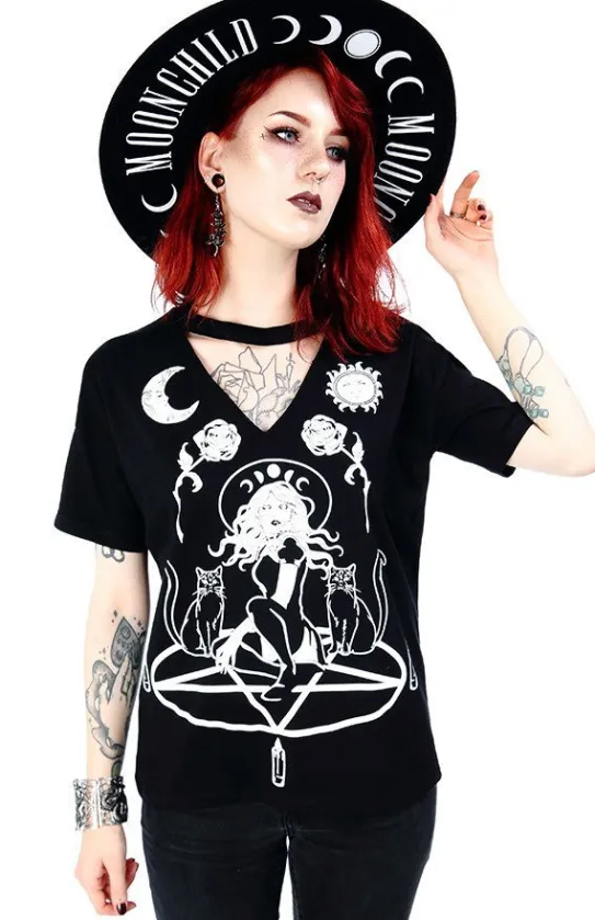 Czarny damski T-shirt z chokerem Witch & Cats-Restyle Sale