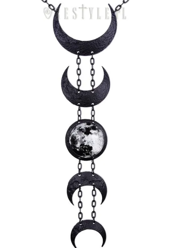 Czarny, długi naszyjnik, Fazy księżyca wisior "LUNAR BLACK NECKLACE"-Restyle Online
