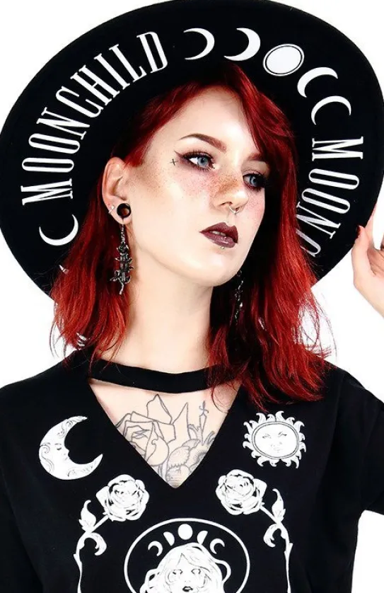 Czarny kapelusz MOON CHILD z księżycem i szerokim rondem-Restyle Discount