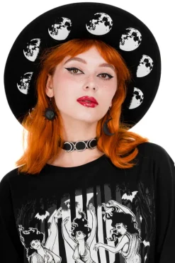 Czarny kapelusz MOON PHASES z księżycem i szerokim rondem-Restyle Fashion