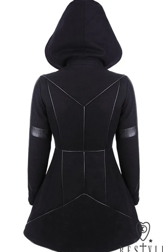 Czarny rozkloszowany płaszcz ocieplany, wełna, nowoczesna kurtka "GEOMETRY COAT"-Restyle Clearance