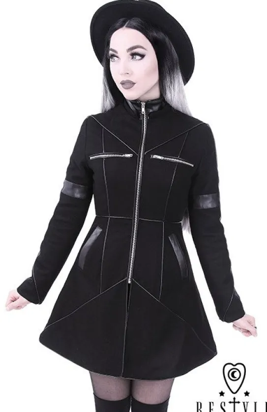 Czarny rozkloszowany płaszcz ocieplany, wełna, nowoczesna kurtka "GEOMETRY COAT"-Restyle Clearance