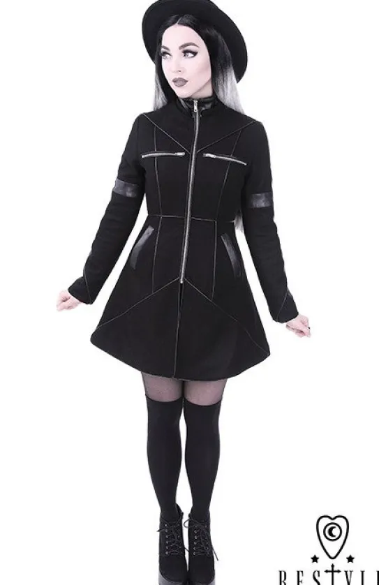 Czarny rozkloszowany płaszcz ocieplany, wełna, nowoczesna kurtka "GEOMETRY COAT"-Restyle Clearance