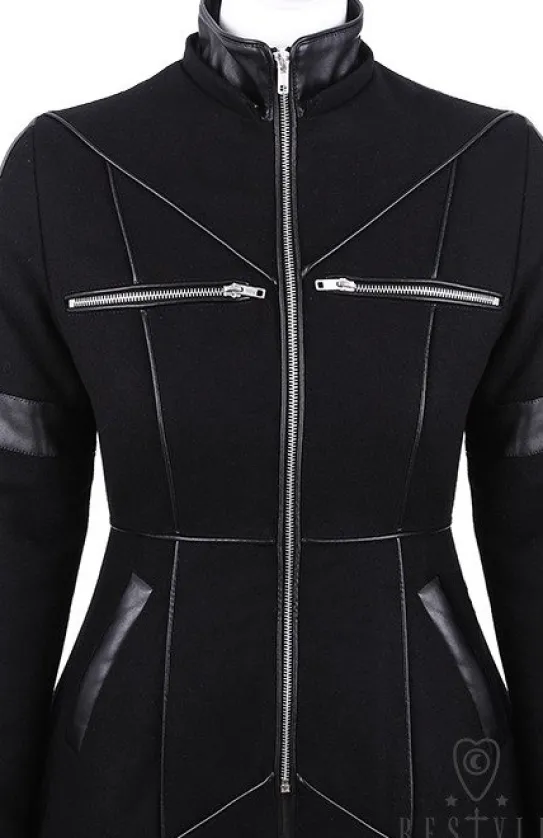 Czarny rozkloszowany płaszcz ocieplany, wełna, nowoczesna kurtka "GEOMETRY COAT"-Restyle Clearance