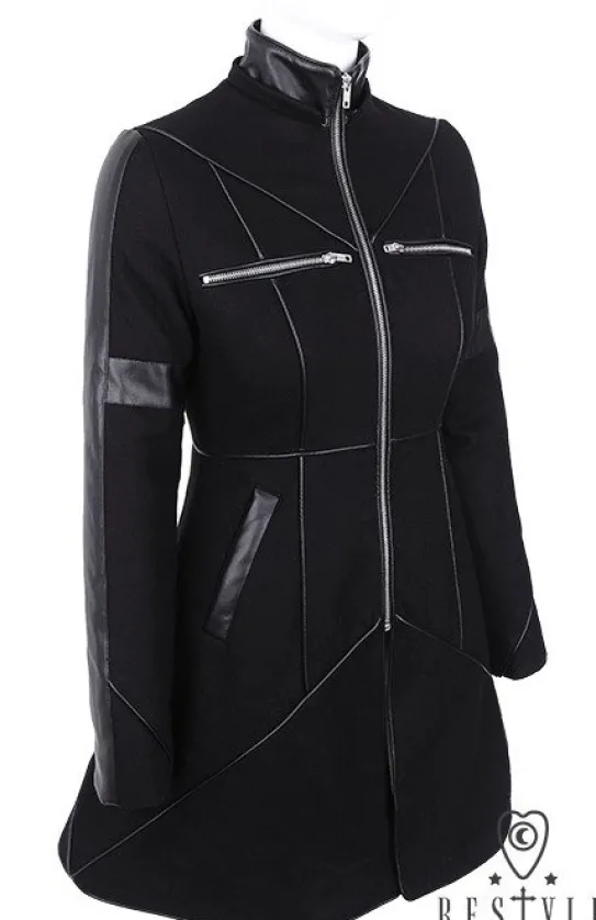 Czarny rozkloszowany płaszcz ocieplany, wełna, nowoczesna kurtka "GEOMETRY COAT"-Restyle Clearance