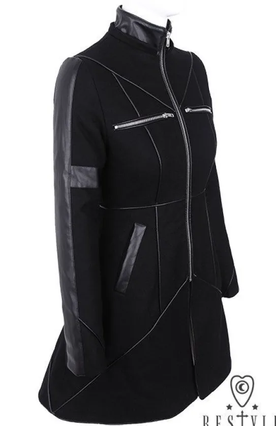Czarny rozkloszowany płaszcz ocieplany, wełna, nowoczesna kurtka "GEOMETRY COAT"-Restyle Clearance