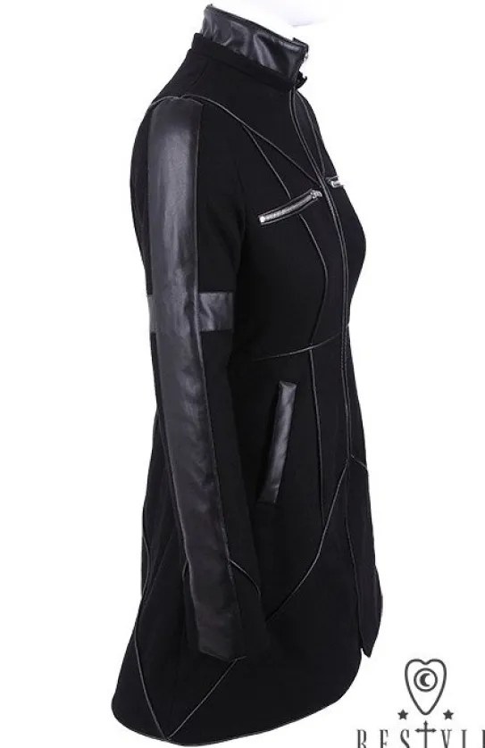 Czarny rozkloszowany płaszcz ocieplany, wełna, nowoczesna kurtka "GEOMETRY COAT"-Restyle Clearance