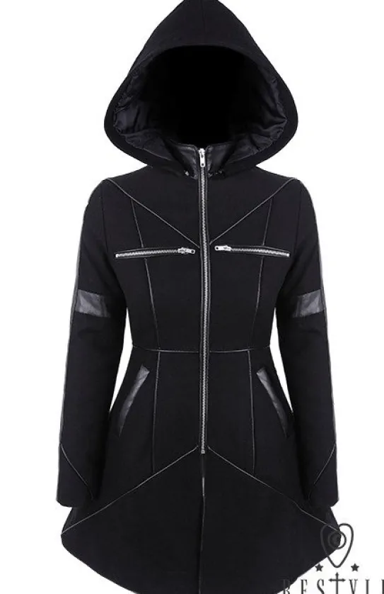 Czarny rozkloszowany płaszcz ocieplany, wełna, nowoczesna kurtka "GEOMETRY COAT"-Restyle Clearance