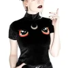 Czarny Top z Aksamitu haft kocie oczy I SEE YOU-Restyle Sale