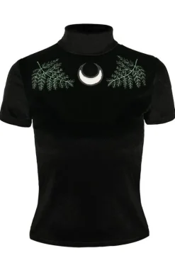 Czarny Top z Aksamitu haft paproć FERN VELVET TOP-Restyle Online