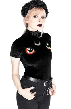 Czarny Top z Aksamitu haft kocie oczy I SEE YOU-Restyle Sale