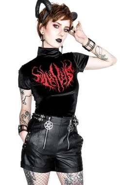 Czarny Top z Aksamitu z haftem NIHILIST VELVET TOP-Restyle Hot