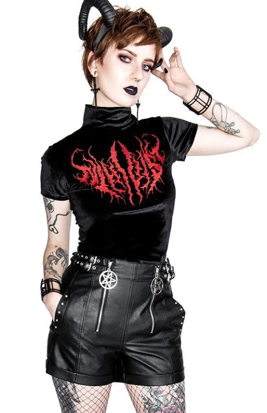 Czarny Top z Aksamitu z haftem NIHILIST VELVET TOP-Restyle Hot