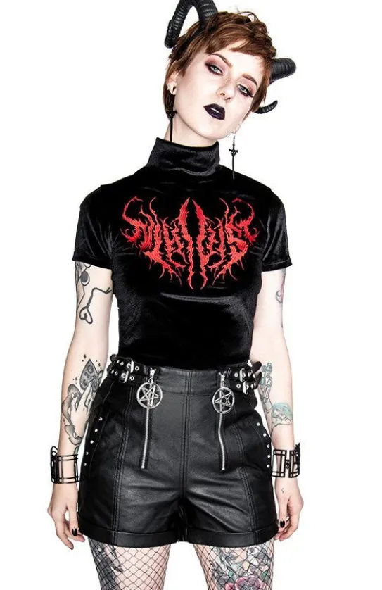 Czarny Top z Aksamitu z haftem NIHILIST VELVET TOP-Restyle Hot