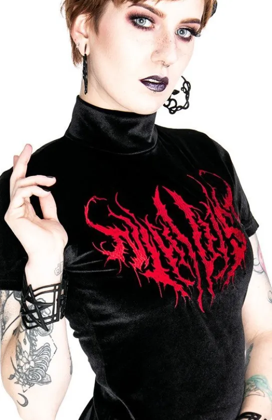 Czarny Top z Aksamitu z haftem NIHILIST VELVET TOP-Restyle Hot