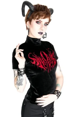 Czarny Top z Aksamitu z haftem NIHILIST VELVET TOP-Restyle Hot