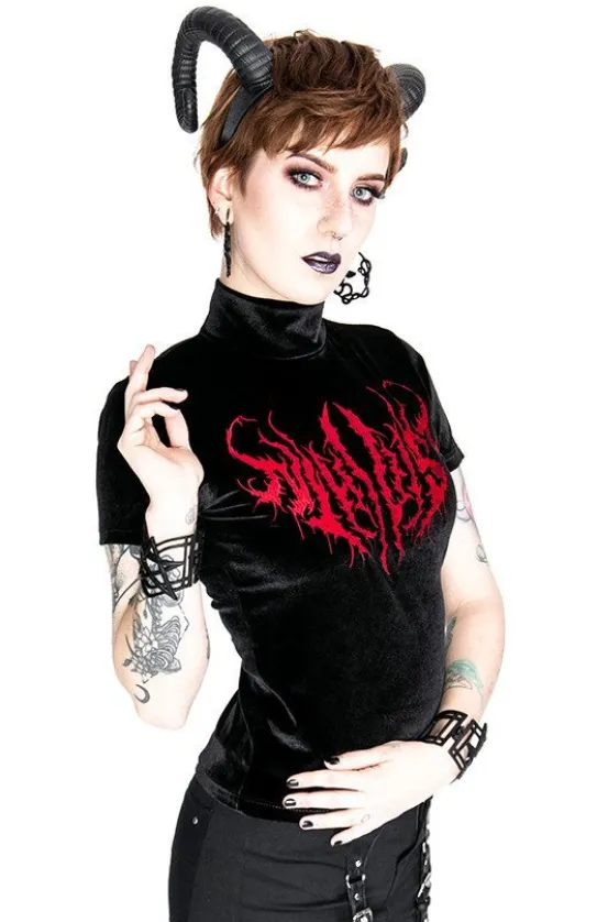 Czarny Top z Aksamitu z haftem NIHILIST VELVET TOP-Restyle Hot
