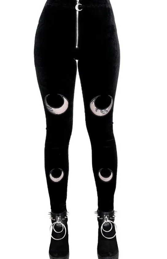DOUBLE CRESCENT VELVET LEGGINGS, czarne gotyckie legginsy z półksiężycem-Restyle Discount