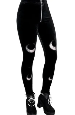 DOUBLE CRESCENT VELVET LEGGINGS, czarne gotyckie legginsy z półksiężycem-Restyle Discount